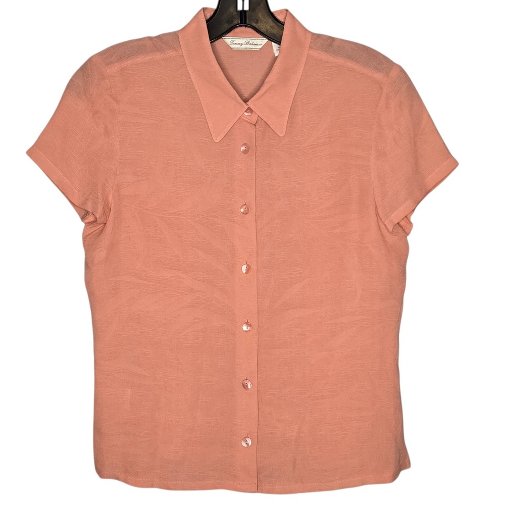 Tommy Bahama Women's S Peach Silk Short Sleeve Button Down Shirt Leaf Jacquard